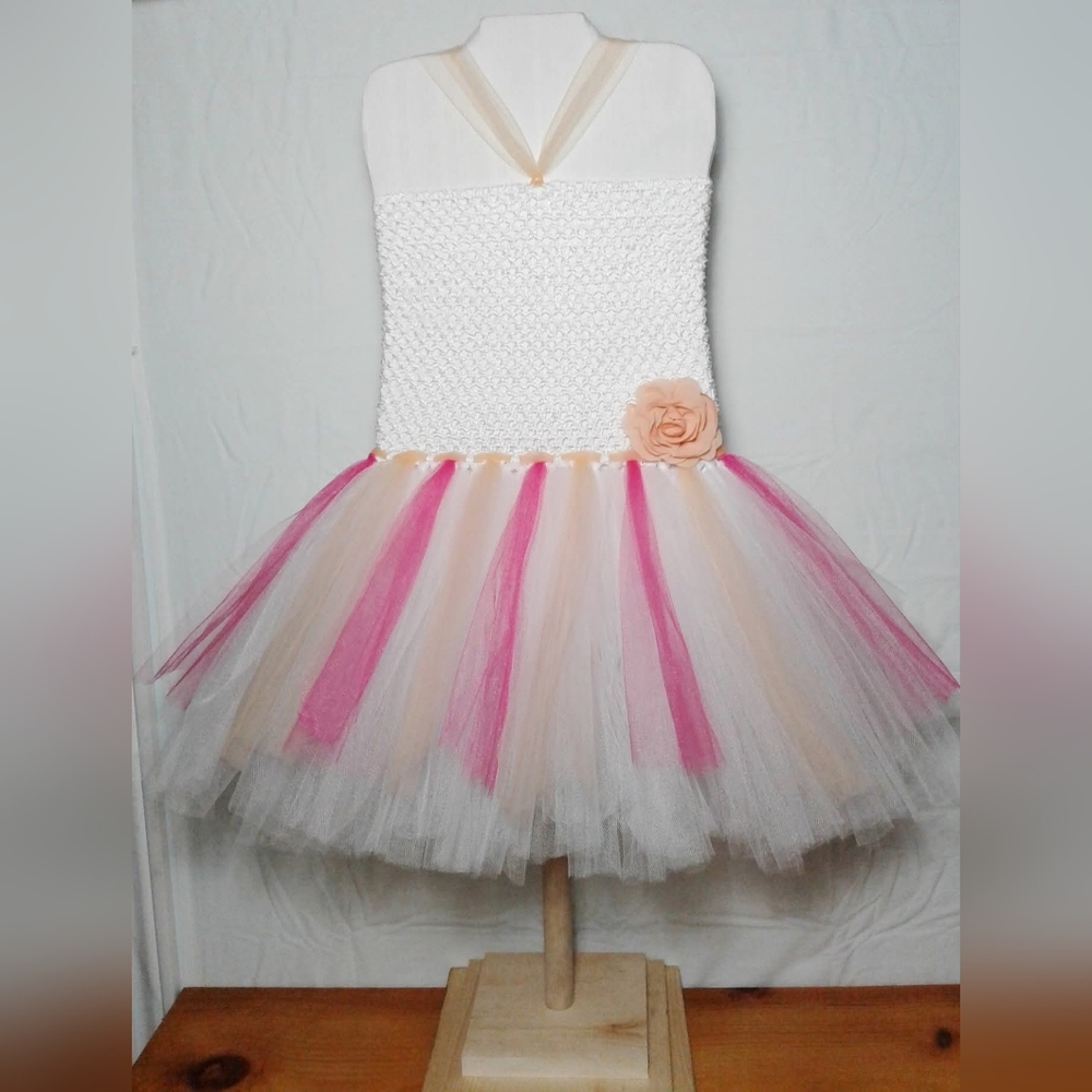 Charming White, Peach, and Pink Tutu Dress Handmade